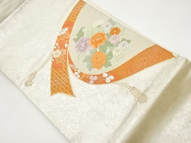 金彩金駒刺繍帯に花々・房模様名古屋帯